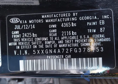 2015 Kia Optima Ex z USA, uszkodzony, nr VIN 5XXGN4A72FG378153